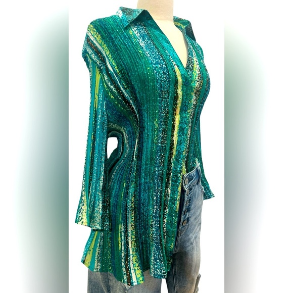 Maggie Barnes Teal and Yellow Striped Blouse - Picture 1 of 6